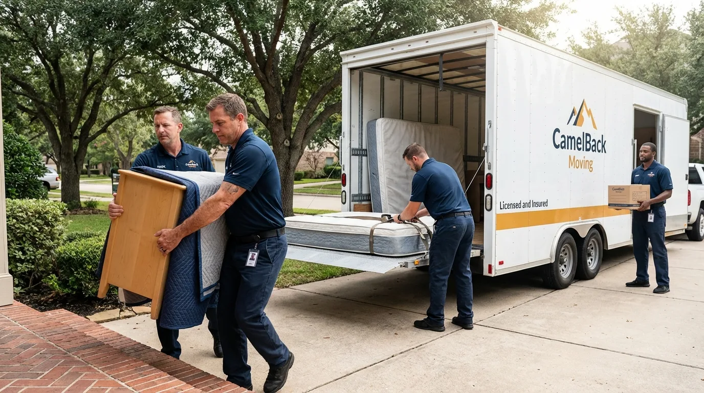 Crew loading residential truck for cross-state move from White Mountain Lake, AZ