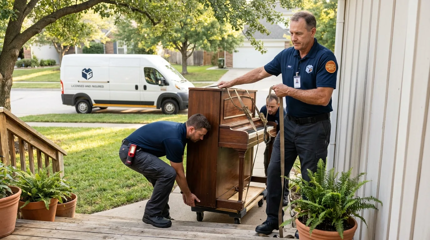 Licensed piano movers securing grand piano in White Mountain Lake, AZ