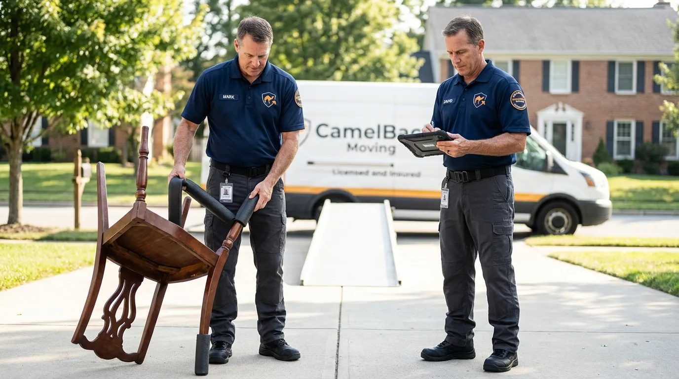 Movers inspecting furniture for damage prevention before loading in White Mountain Lake, AZ