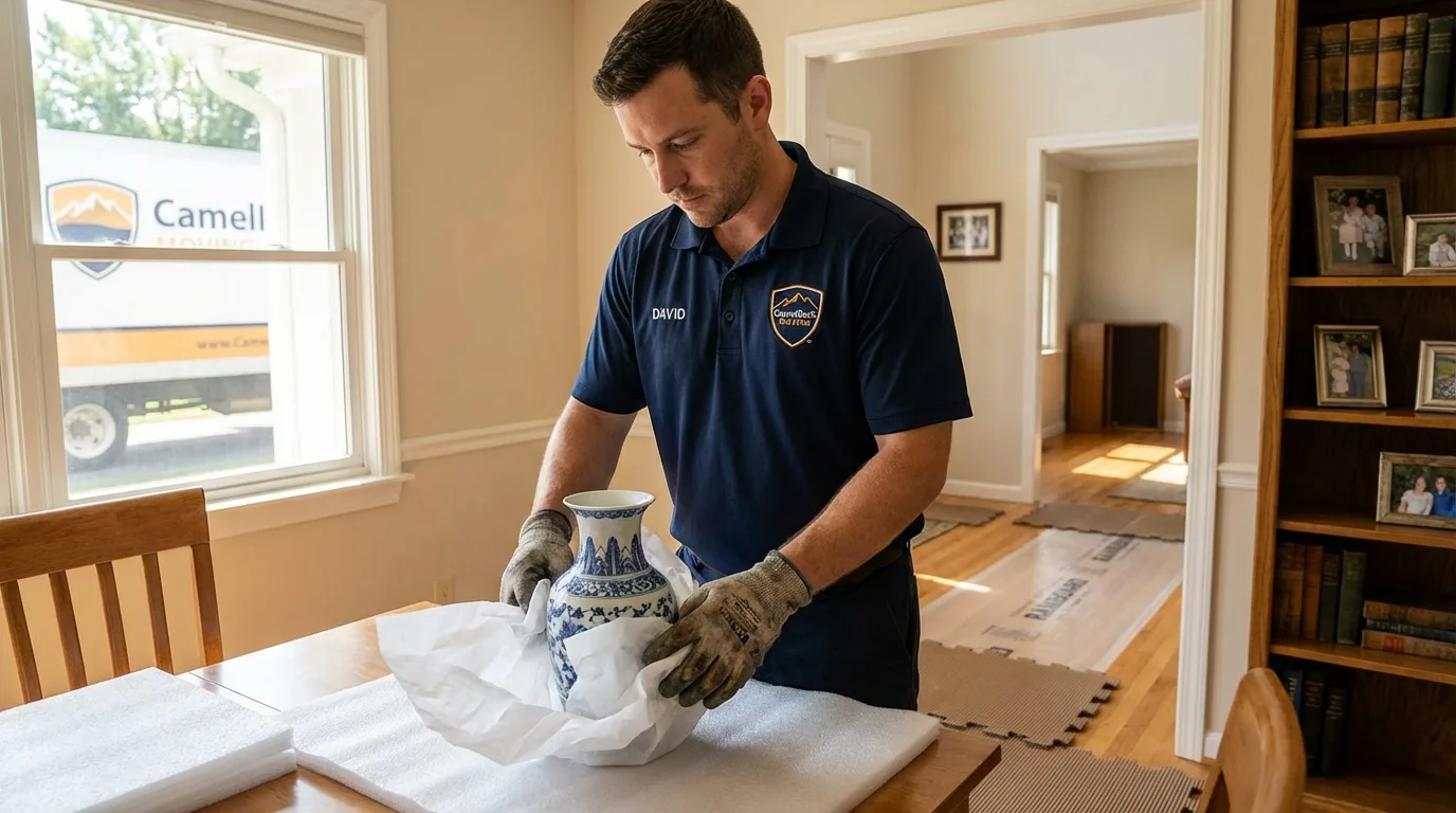Professional crew carefully wrapping antique vase for senior downsizing move in White Mountain Lake, AZ