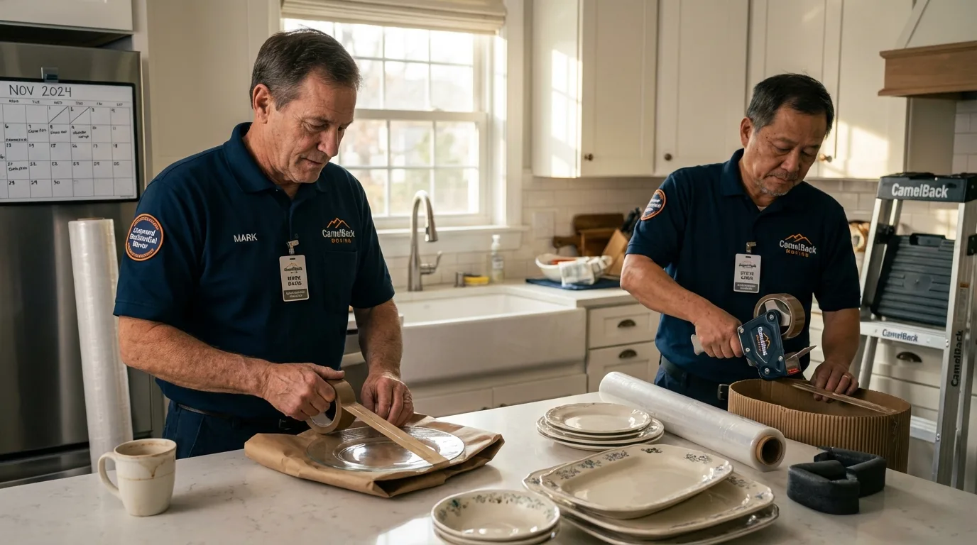 Professional crew packing kitchen dishware in White Mountain Lake, AZ